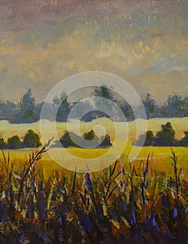 Beautiful warm yellow brown rural country landscape painting
