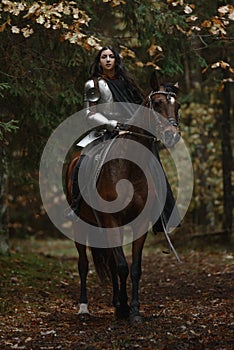 A beautiful warrior girl with a sword wearing chainmail and armor riding a horse in a mysterious forest.