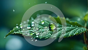 Beautiful water drops after rain on green leaf. Macro View.