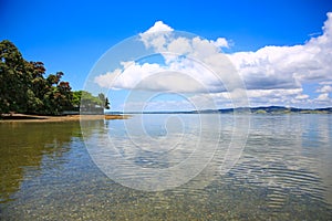 Beautiful water view with blue sky background. Whangarei beach,