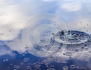 Beautiful water waves and ripples from a drop falling into a water surface of a lake