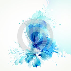 Beautiful watercolor abstract translucent butterfly on the blue flower on the white background. photo