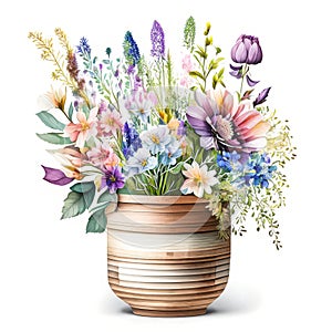 Beautiful Watercolor arts of flowers pastel in container on white background