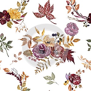 Colorful autumn floral seamless pattern on white background. Watercolor red, burgundy, purple flowers, dry orange leaves, foliage