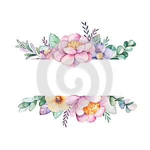 Beautiful watercolor border frame with peony,flower,foliage,branches