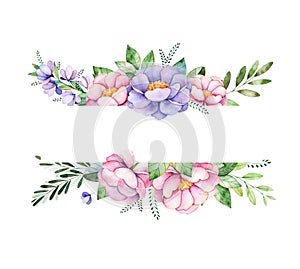 Beautiful watercolor border frame with peony,flower,foliage,branches and more