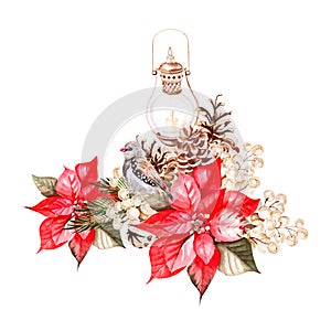 Beautiful watercolor Christmas bouquet with christmas lapm and poinsettia, leaves and berries.