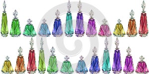 Beautiful watercolor colored glass bottles for perfume and elixirs in fantasy games, in the alchemy laboratory, for