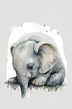 Beautiful watercolor colorful baby elephant sleep for print design. Cute funny character. Animal art. Watercolor