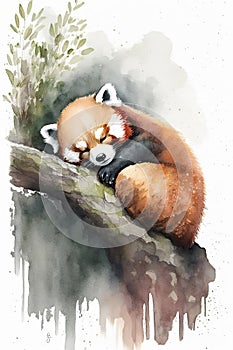 Beautiful watercolor colorful baby red panda sleepy for print design. Cute funny character. Animal art. Watercolor