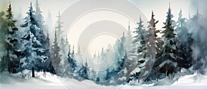 Beautiful watercolor coniferous forest illustration, Christmas fir trees, winter nature, holiday background