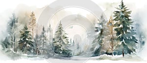 Beautiful watercolor coniferous forest illustration, Christmas fir trees, winter nature, holiday background