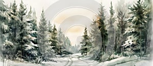 Beautiful watercolor coniferous forest illustration, Christmas fir trees, winter nature, holiday background