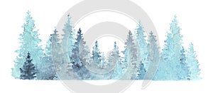 Beautiful watercolor coniferous forest illustration, Christmas fir trees, winter nature, holiday background, conifer, snow, outdoo