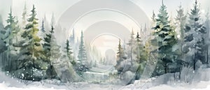 Beautiful watercolor coniferous forest illustration, Christmas fir trees, winter nature, holiday background