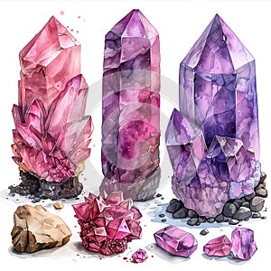 Beautiful watercolor crystals. Purple jewel watercolor gemstones, magical amethyst stones, hand drawn glass polygons illustration