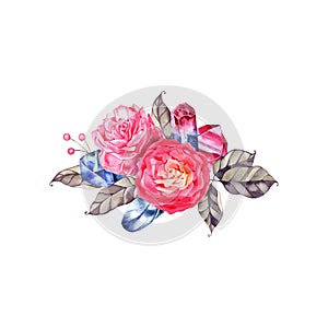 Beautiful watercolor fantasy pink magic crystals with flowers, pink rose and cream peony isolated on white