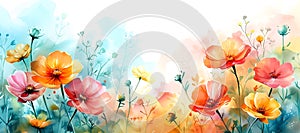 Beautiful watercolor floral background with pink and yellow cosmos flowers