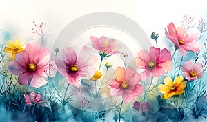 Beautiful watercolor floral background with pink and yellow cosmos flowers