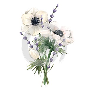 Beautiful watercolor floral bouquet with anemone and lavanda flowers. Stock illustration.