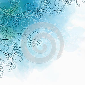 Beautiful watercolor floral design - White and blue abstract background with space for your text