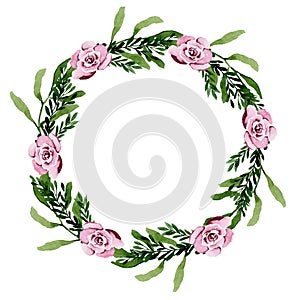Beautiful watercolor floral round wreath with pink peony flowers and green leaves, invitation template, wedding decor