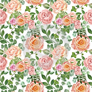 Beautiful watercolor floral seamless pattern. Blush pink garden roses, pastel color peonies, green leaves and foliage on white