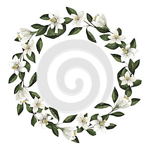 Beautiful watercolor floral wreath with leaves, floral decor, template for greeting cards, invitations