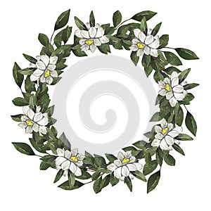 Beautiful watercolor floral wreath with leaves, floral decor, template for greeting cards, invitations