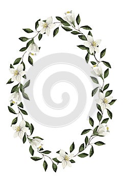 Beautiful watercolor floral wreath with leaves, floral decor, template for greeting cards, invitations