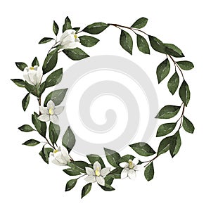 Beautiful watercolor floral wreath with leaves, floral decor, template for greeting cards, invitations