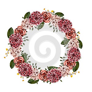 Beautiful watercolor floral wreath with leaves, floral decor, template for greeting cards, invitations