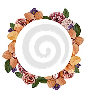 Beautiful watercolor floral wreath with leaves, floral decor, template for greeting cards, invitations