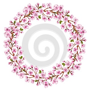 Beautiful watercolor frame of blooming pink sakura, postcard template