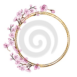 Beautiful watercolor frame of blooming pink sakura, postcard template