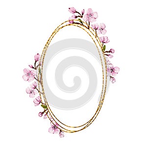 Beautiful watercolor frame of blooming pink sakura, postcard template