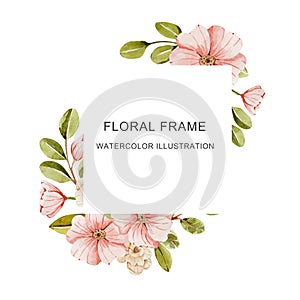 Beautiful watercolor frame with pink flowers, postcard template, Valentine`s day, Mother`s day..