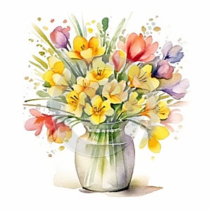 Beautiful Watercolor Freesia Bouquet In Vase - Joyful Celebration Of Nature