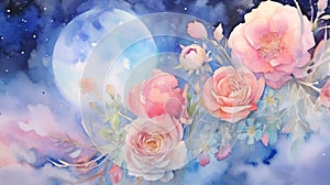 Beautiful watercolor galaxy background with cosmic flowers. Watercolor magical painting. AI illustration. For design of