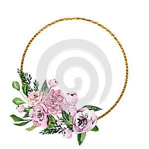Beautiful watercolor gold frame with pink flowers, postcard template, Valentine`s day, Mother`s day