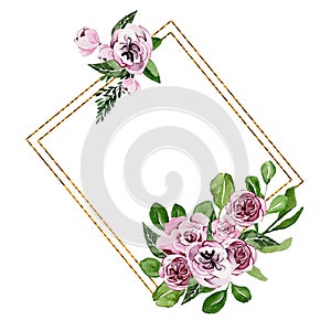 Beautiful watercolor gold frame with pink flowers, postcard template, Valentine`s day, Mother`s day