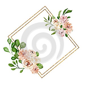 Beautiful watercolor gold frame with pink flowers, postcard template, Valentine`s day, Mother`s day