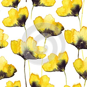 Beautiful watercolor hand painted seamless pattern of yellow flowers.  Fabric wallpaper print texture. Aquarelle wildflower for ba