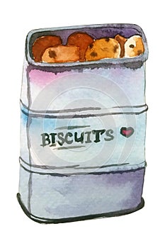 Beautiful watercolor handdrawn illustration. Metallic cun of cookies isolated on white backround.