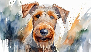 Beautiful watercolor illustration black brown Airedale Terrier breed dog, puppy portrait, cute home pet