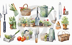 Beautiful watercolor illustration capturing the essence of gardening, featuring a delightful array of tools and