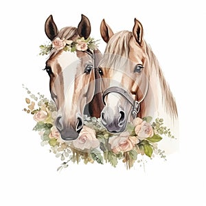 Beautiful watercolor illustration of couple horses in love with flowers. Great in the design of printing, textiles