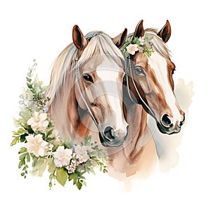 Beautiful watercolor illustration of couple horses in love with flowers. Great in the design of printing, textiles