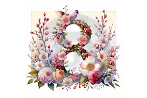 Beautiful watercolor illustration of the number 8 with flowers and birds isolated on white background and copy space.
