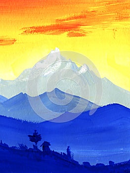 Beautiful watercolor landscape of blue mountain ranges on background of sunset fiery sky with brush stroke clouds. Vague